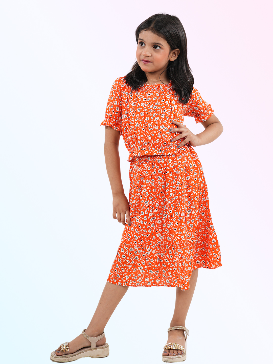 Girl's Printed Pure Cotton Ruffled Top Co - ords Set