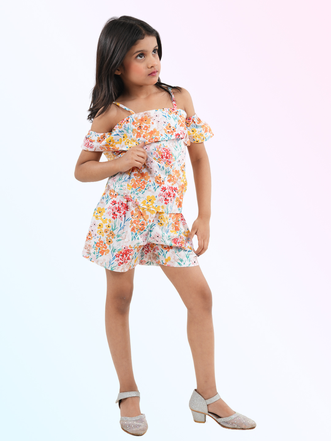 Girl's Floral Print Off - Shoulder Crop Top and Skirt Set